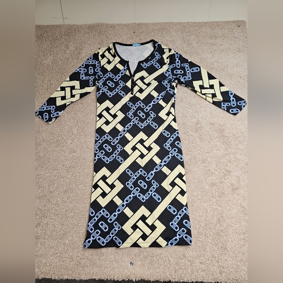 J McLaughlin Blue Ream Chain Print Lynn Henley Knit Dress Size‎ Medium